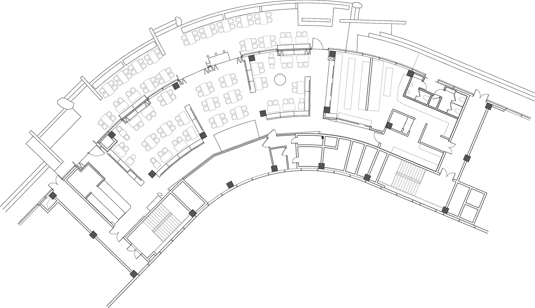 Black and white architectural floor plan of a curved restaurant featuring numerous tables, booths, private rooms, and service areas.