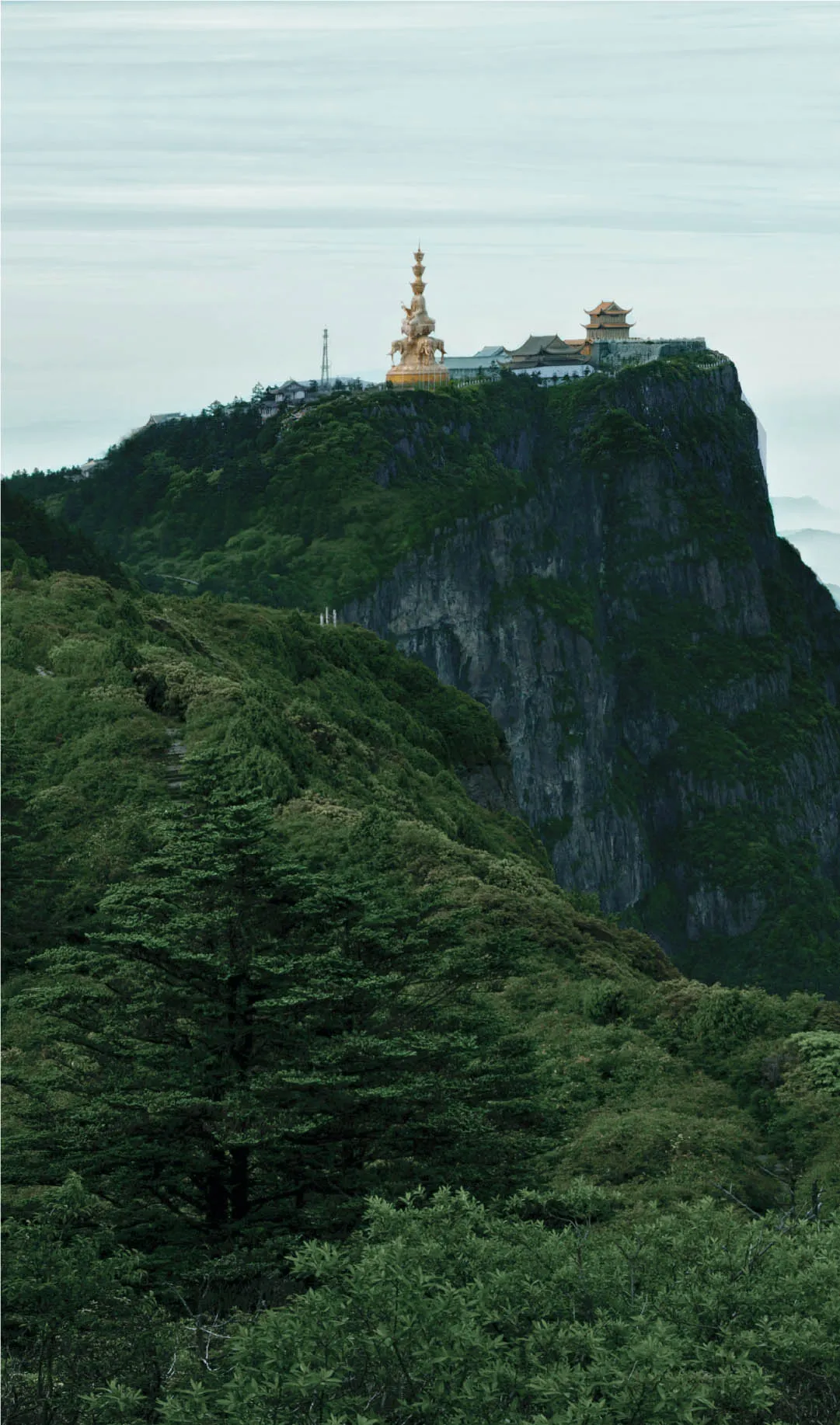 A golden statue and traditional Chinese temple buildings situated on the edge of a steep rocky cliff surrounded by lush green forested mountains and mist.