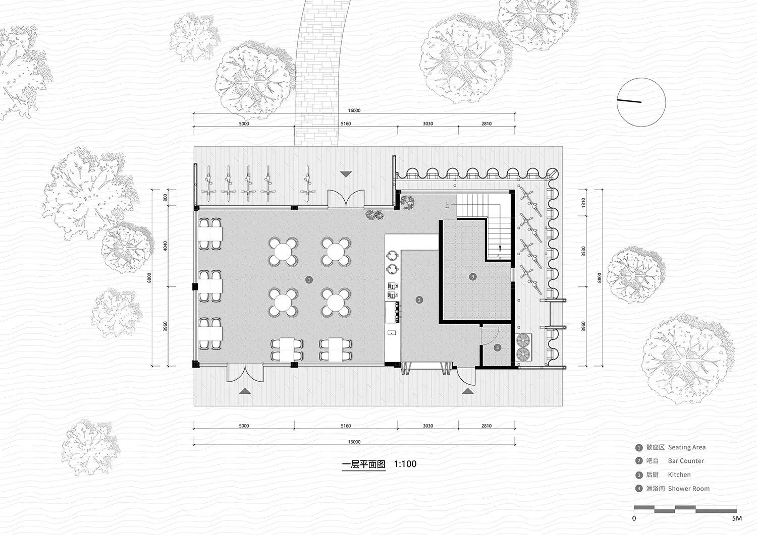 Black and white architectural floor plan of a modern restaurant showing seating areas, bar counter, kitchen, and shower room with surrounding landscape and dimension lines.