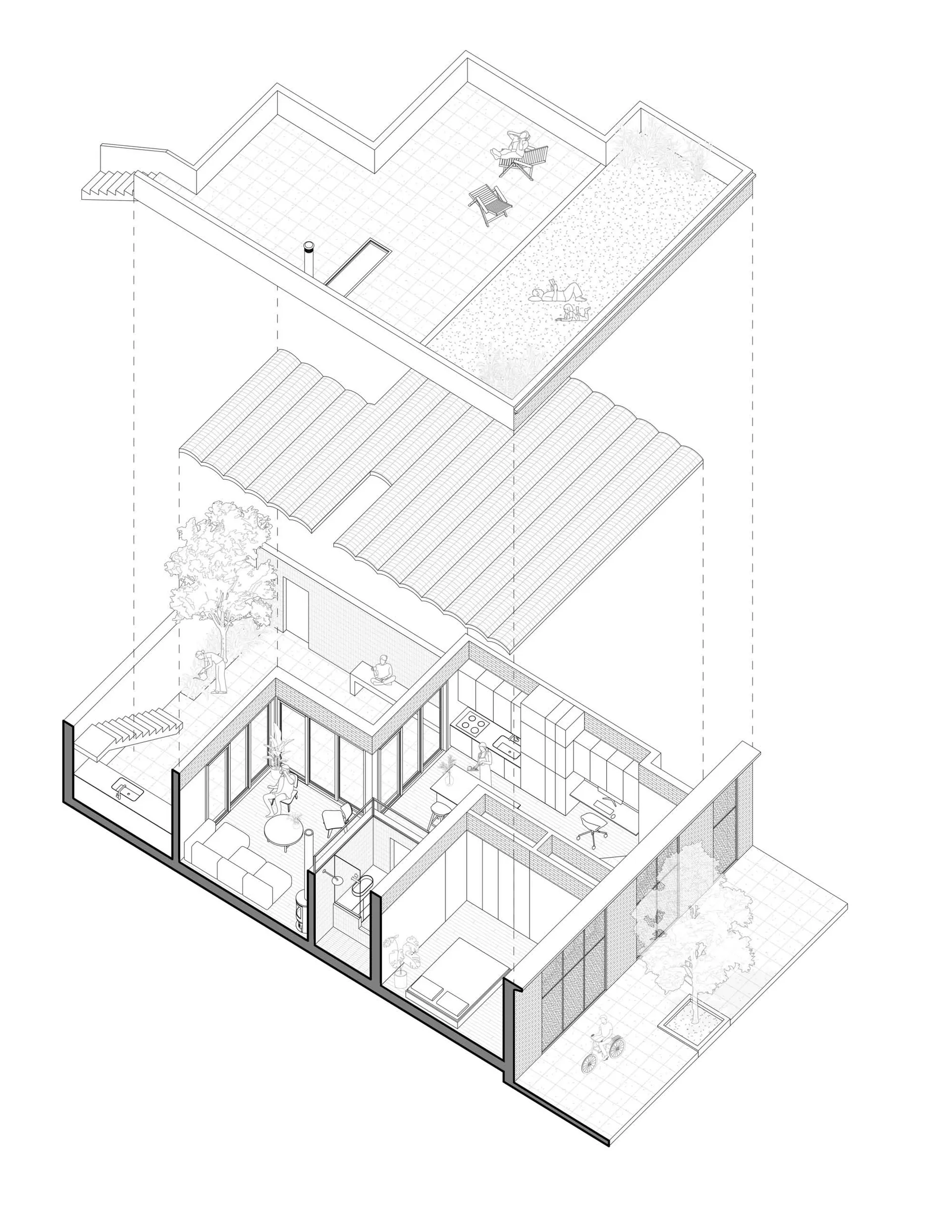 黑白現代兩層住宅建築剖面圖，展示室內各空間、屋頂露台及周邊庭園，並以人物比例作為尺度參考。