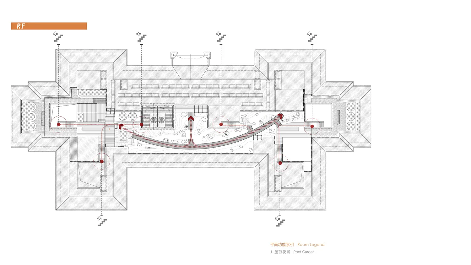 Technical floor plan drawing of a luxury residential roof garden featuring a curved walkway, water elements, planting areas, and surrounding architectural structures.