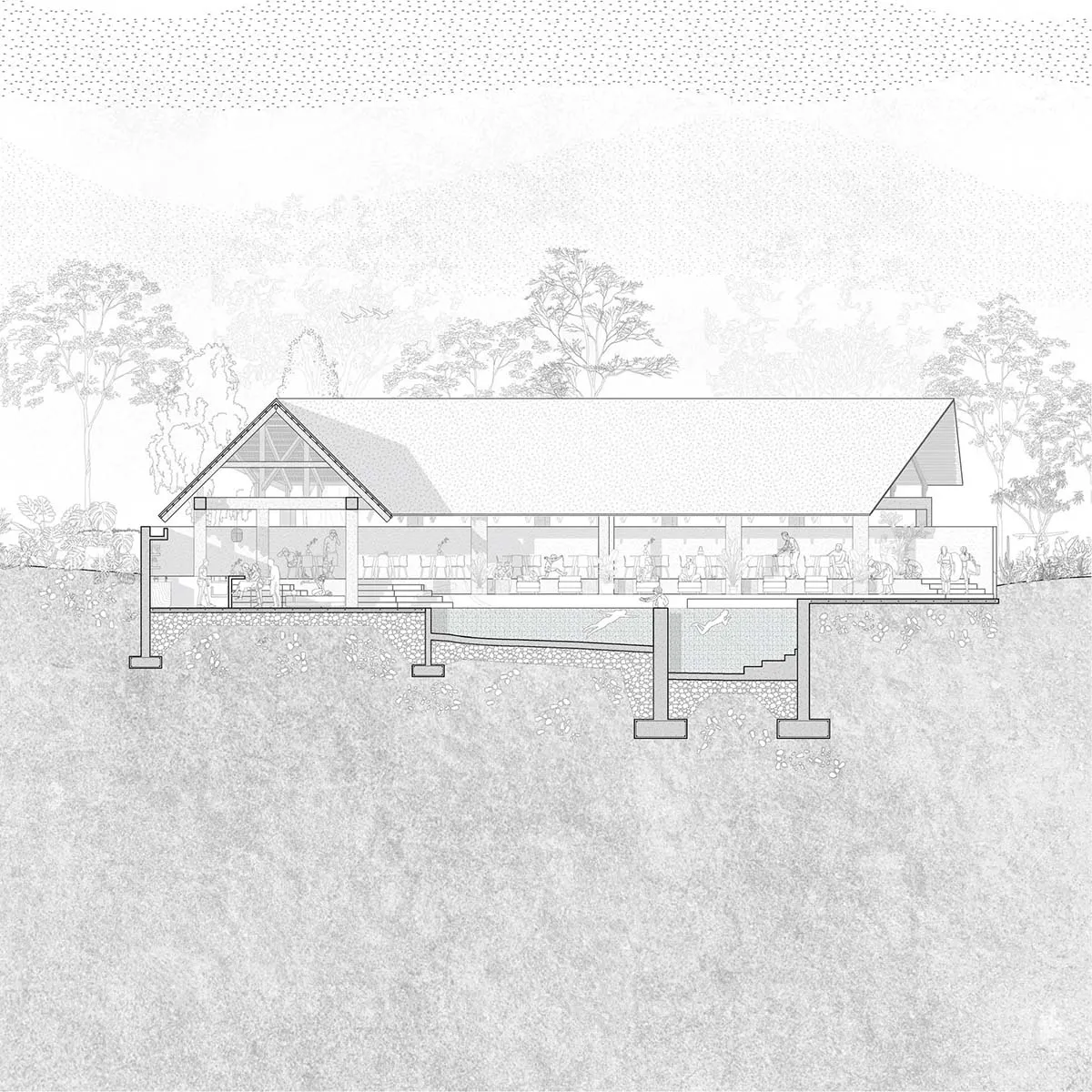 Black and white architectural section drawing of a tropical resort with overwater pavilions, showing structural foundation, open-plan interior spaces, and surrounding jungle landscape.