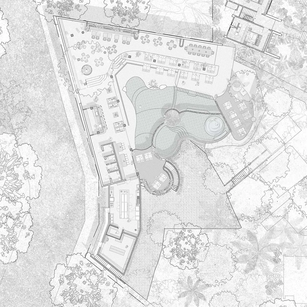 Black and white architectural site plan of a tropical luxury resort featuring multiple swimming pools, guest villas, restaurants, and extensive landscaping.