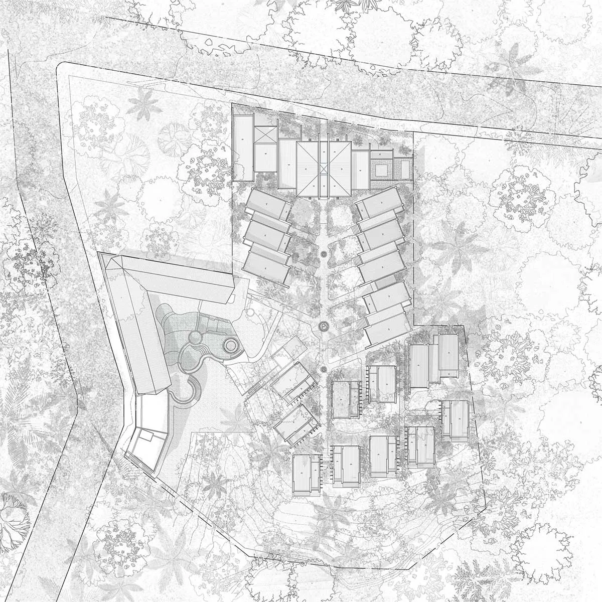 Black and white architectural site plan of a tropical resort featuring multiple villas, a central lagoon, swimming pools, and lush surrounding vegetation.
