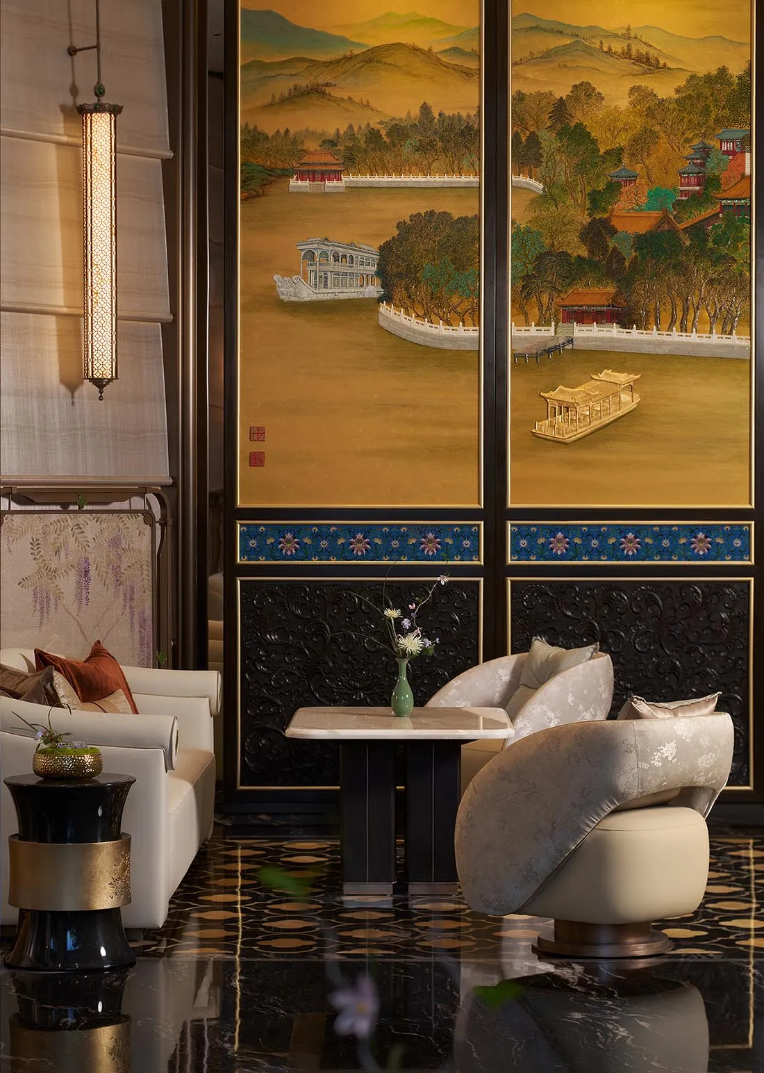 Luxurious modern Chinese-style lounge with a large golden landscape painting screen, white curved sofa, patterned swivel chair, and glossy black marble floor.