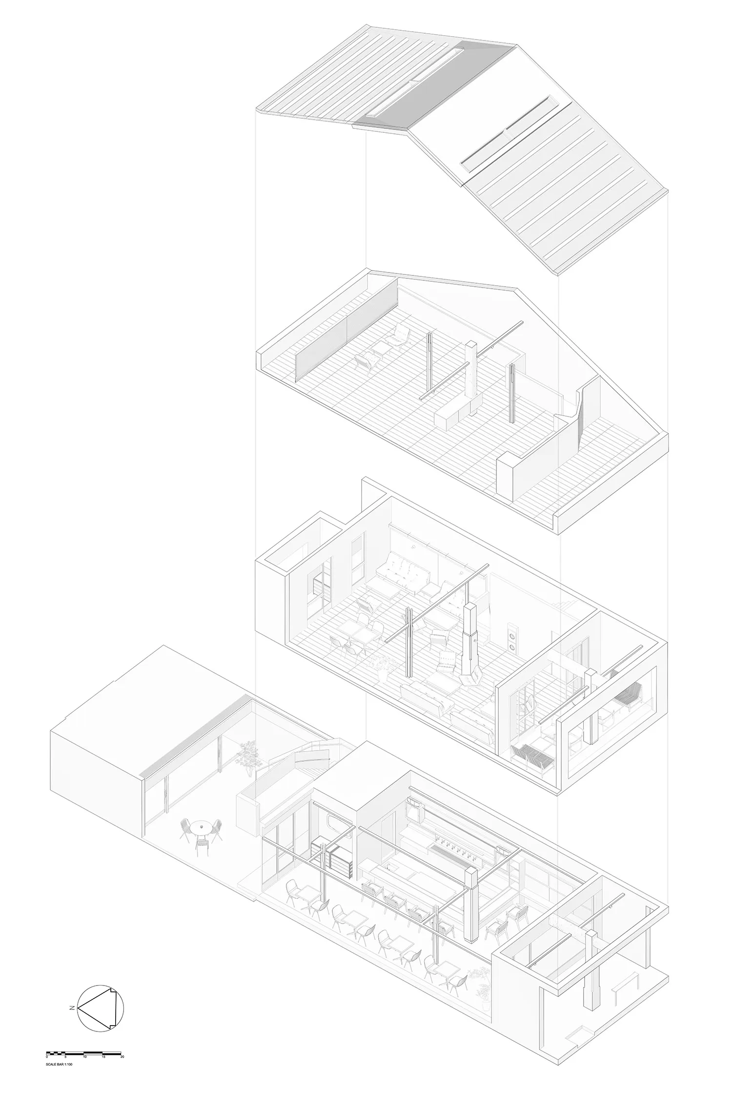 Monochrome architectural sectional drawing showing a four-storey modern house with living areas, dining spaces, and roof terrace in axonometric projection.