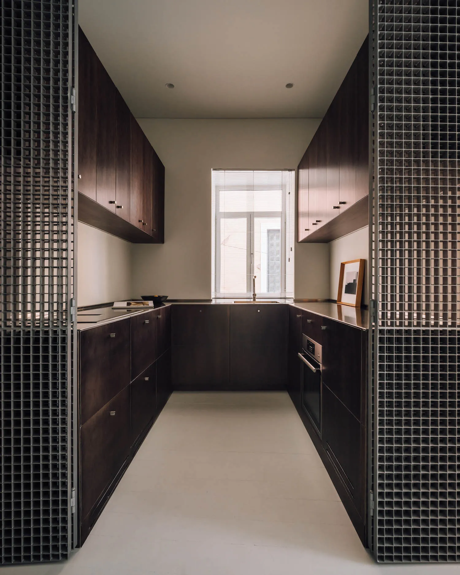 Modern narrow galley kitchen featuring dark wood cabinetry, stainless steel countertops, a central window, and distinctive metal grid room dividers on both sides.