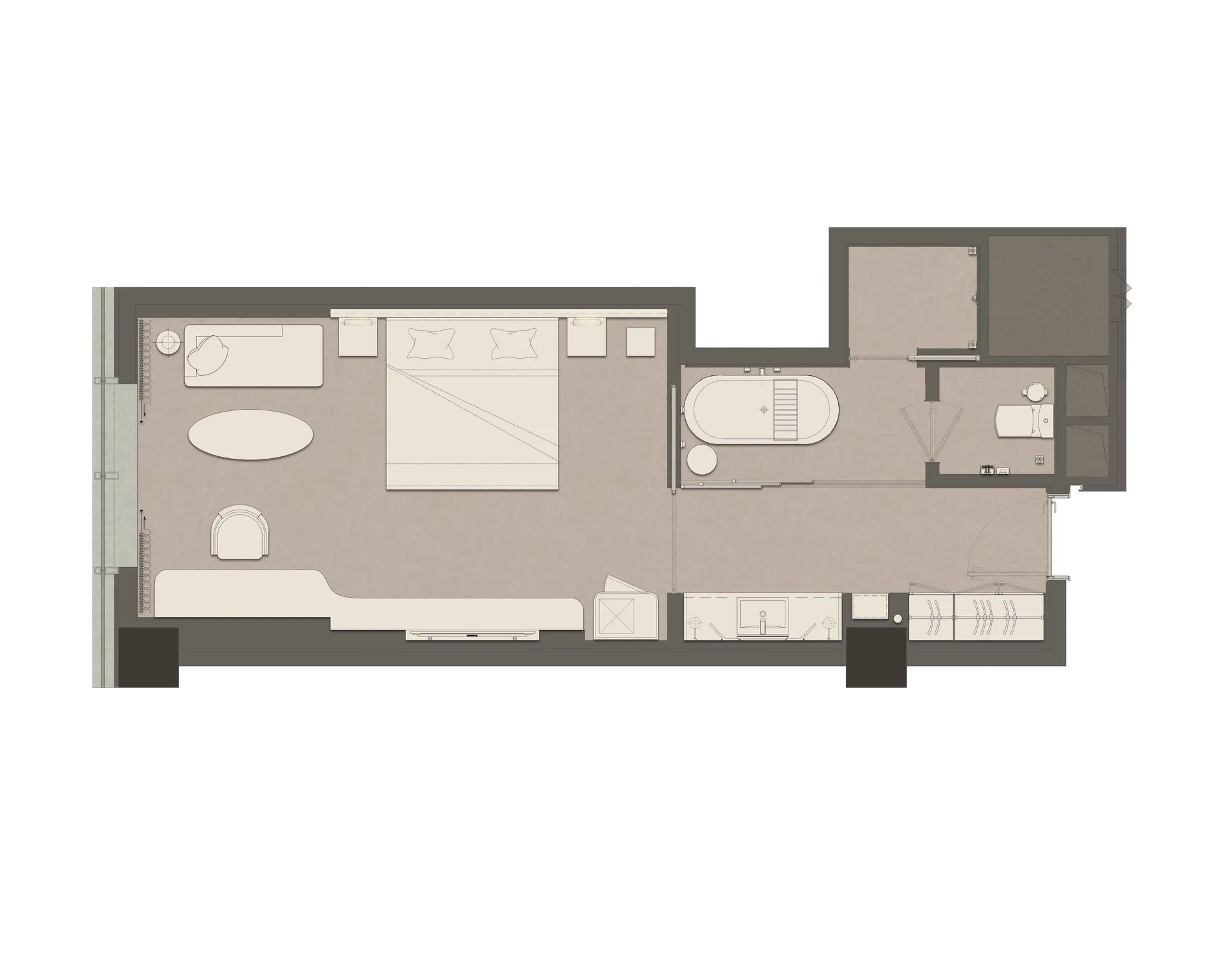 Architectural floor plan of a modern three-bedroom apartment showing living room, dining area, three bedrooms, kitchen, and bathroom with freestanding bathtub.