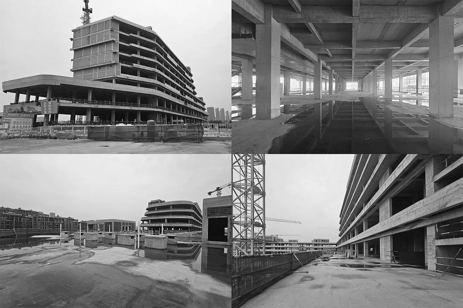 Black and white composite photograph showing a large-scale brutalist parking building under construction from multiple angles, featuring exposed concrete pillars, beams, and reflective puddles on the ground.