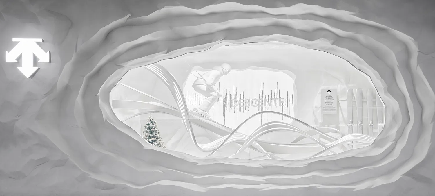 Modern white sculptural retail installation shaped like a snow cave featuring a skier graphic, Christmas tree, and fluid curved white ribbons inside an organic textured plaster shell.