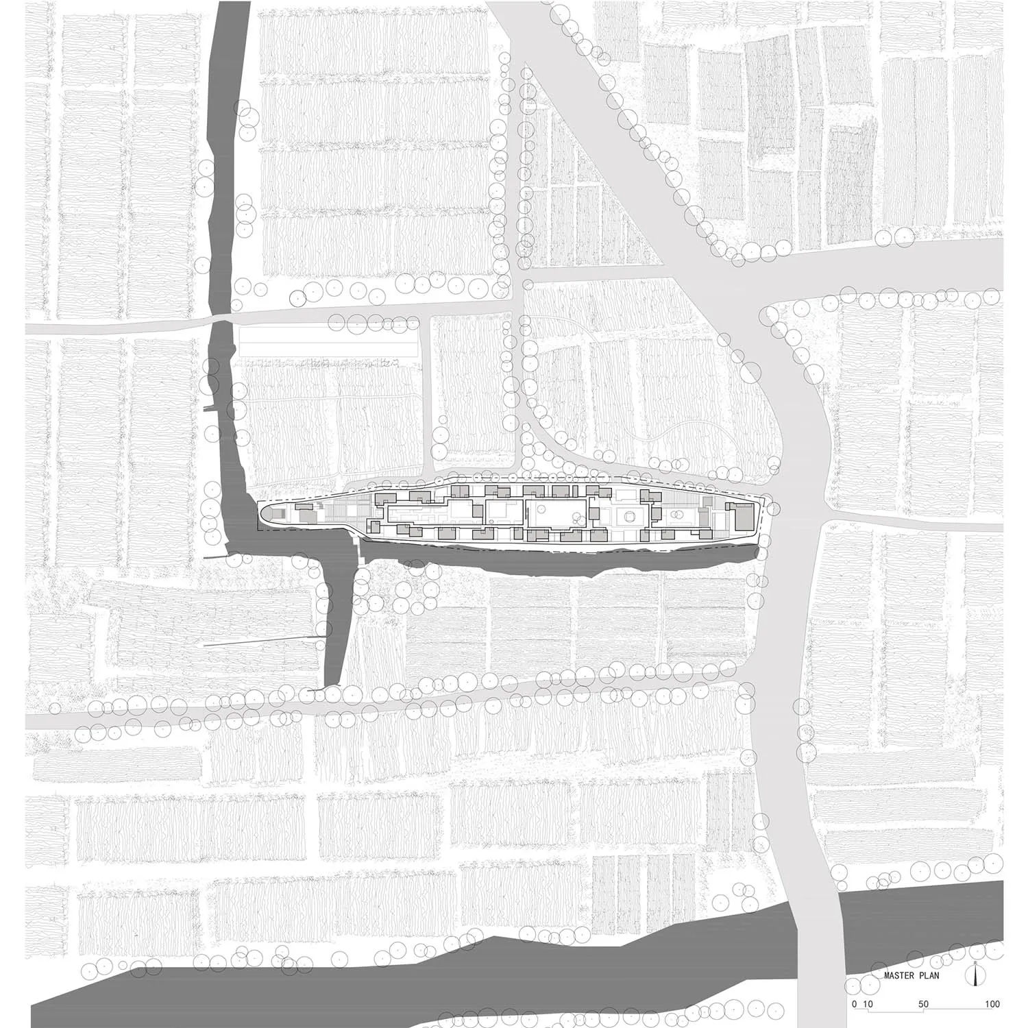 Black and white architectural master plan drawing showing a long linear building complex positioned along a dark river edge, surrounded by tree symbols and urban block patterns.