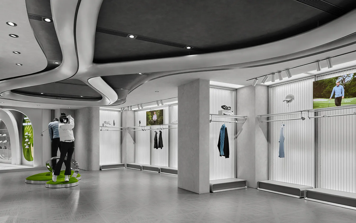 Modern golf apparel store interior with flowing sculptural ceiling, concrete walls, metal clothing racks, and green interactive display platforms.