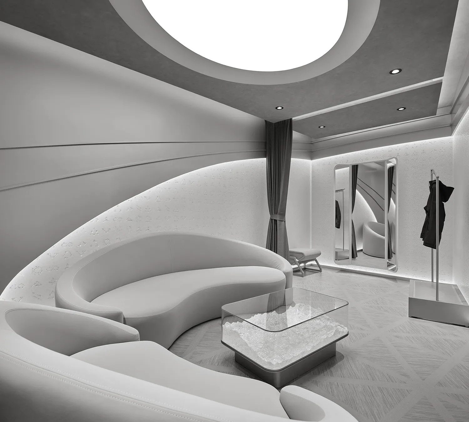 Modern futuristic white boutique interior with sweeping curved white leather sofas, a square glass coffee table filled with glowing quartz crystals, dramatic circular ceiling light feature, and full-length mirrors.