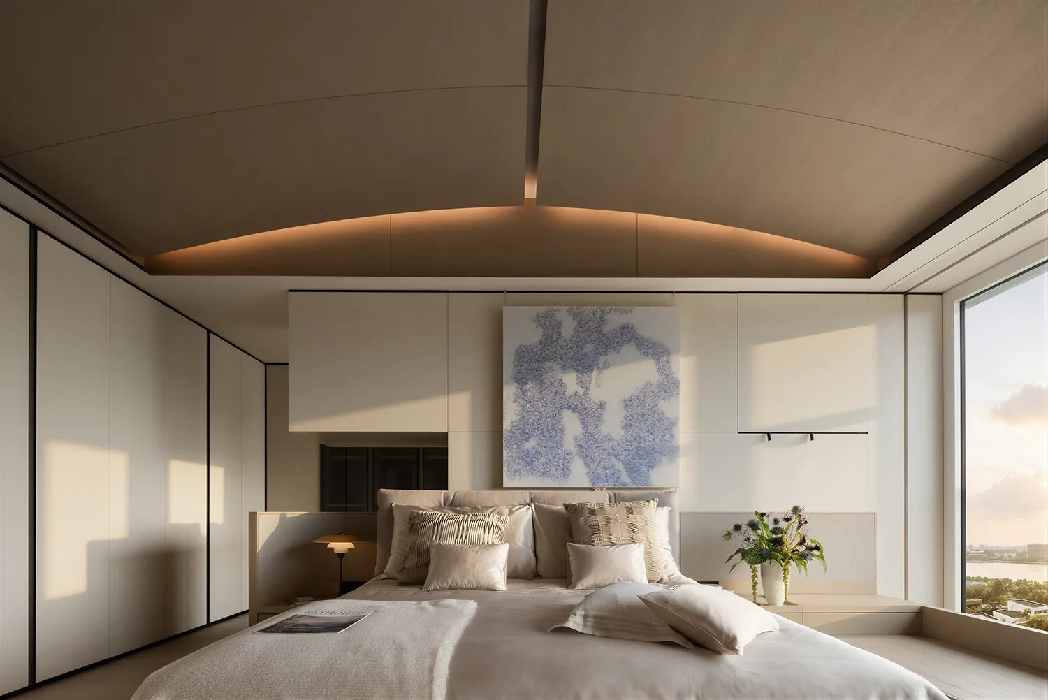 Modern minimalist bedroom featuring a curved fabric ceiling, neutral beige tones, layered pillows, and large windows with city view.