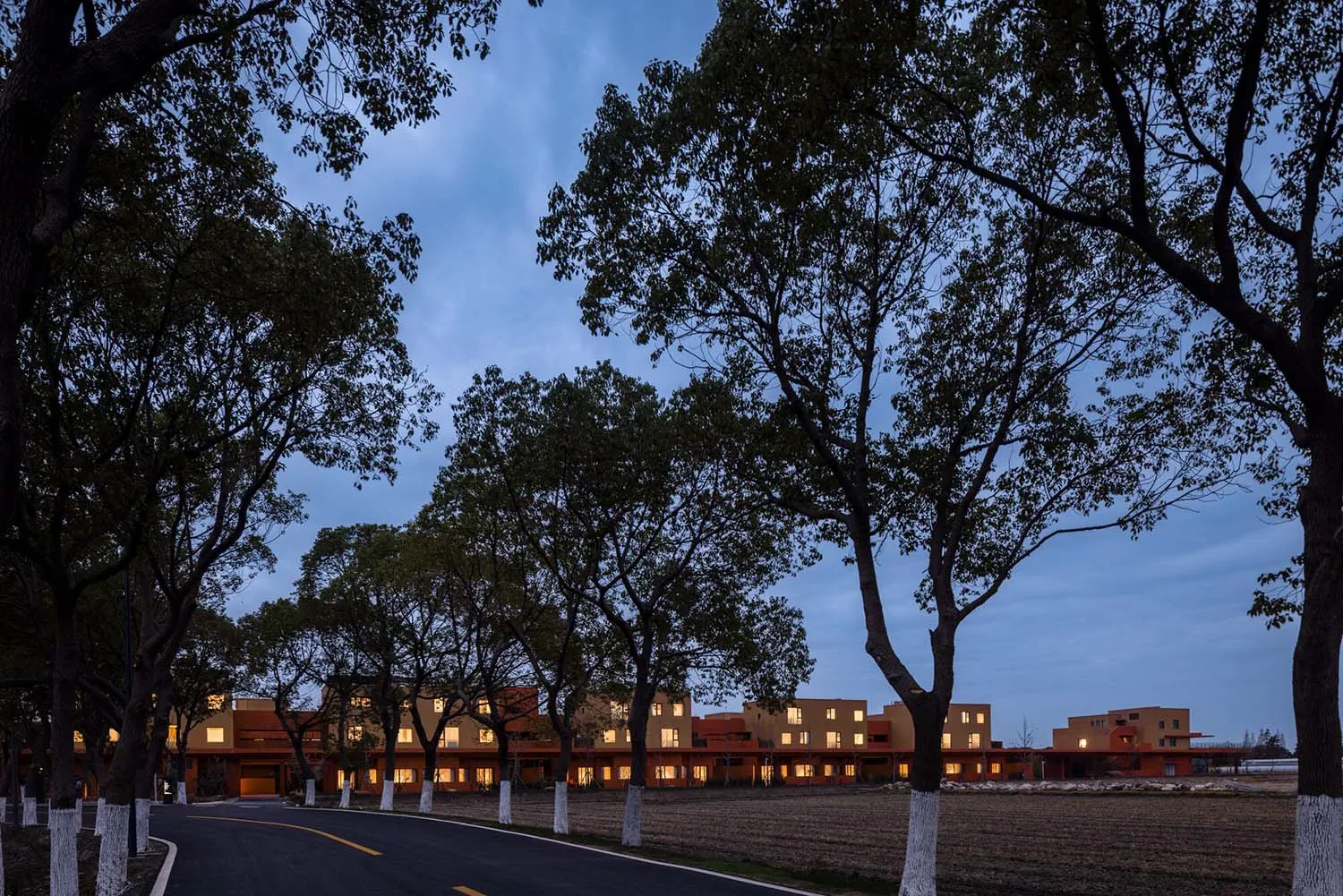 Contemporary low-rise residential buildings with vibrant orange and yellow stucco facades, illuminated from within at twilight, viewed from a tree-lined road.