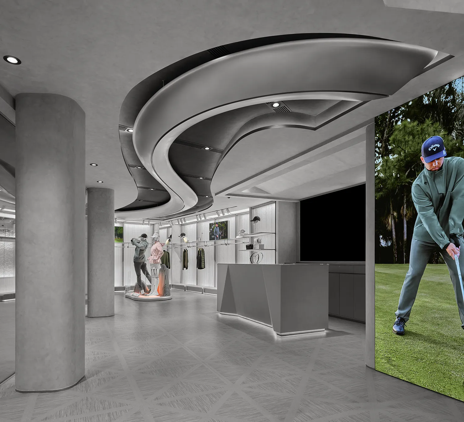 Modern golf pro shop interior with sculptural curved concrete ceiling, central display counter, mannequins, and large golf lifestyle mural.