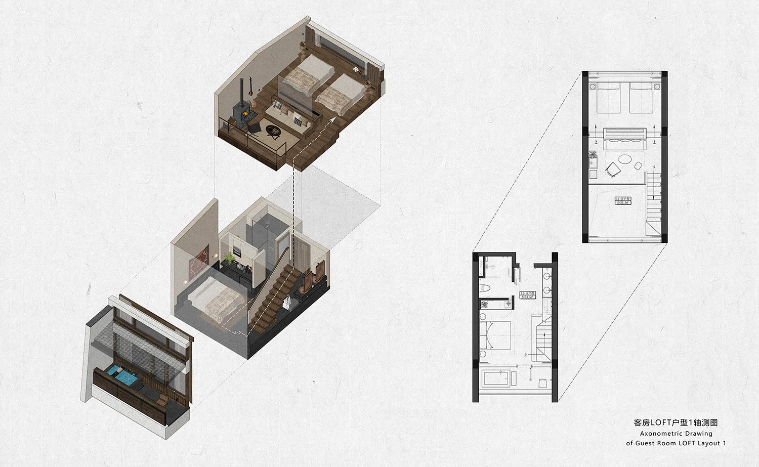 Architectural axonometric drawing and floor plans showing a modern guest room loft layout with living area, bedroom, and bathroom across two levels.