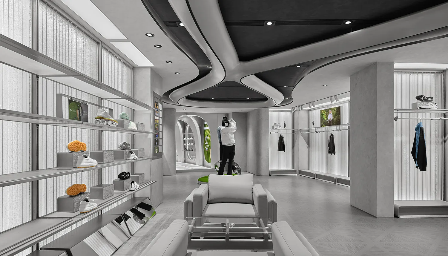 Modern futuristic sneaker store interior with curved concrete ceiling, floating shelves displaying sneakers, central seating area, and a person taking a photo in the background.