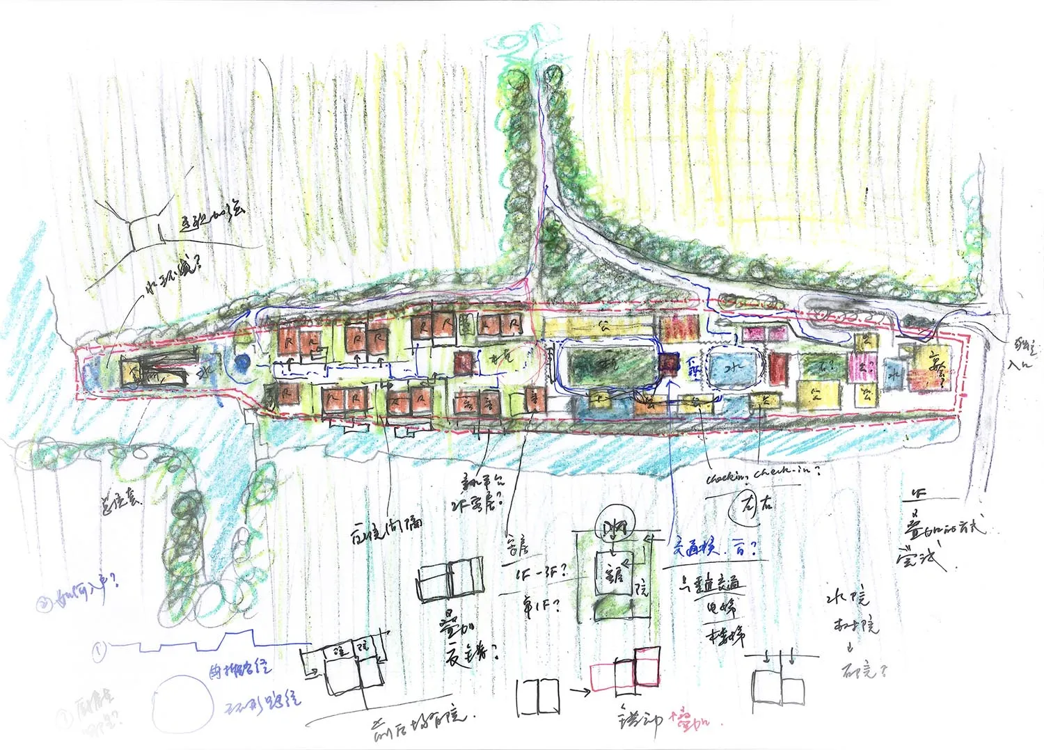 Hand-drawn architectural site plan sketch for a resort complex surrounded by forest, featuring multiple buildings, courtyards, pools, and circulation paths with handwritten notes.