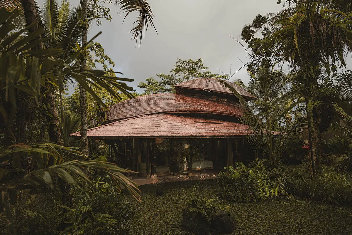 Traditional Balinese-style villa with curved terracotta tiled roof surrounded by lush tropical palm trees and dense jungle vegetation.