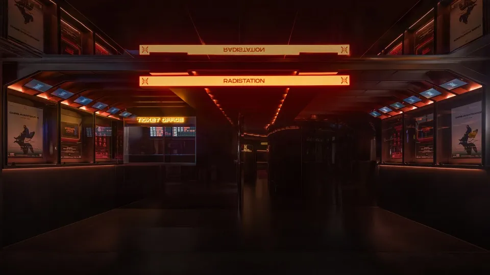 昏暗的電影院大廳內部，紅色霓虹燈標示「RADIATION」與「TICKET OFFICE」，混凝土牆面、電影海報，以及戲劇性的低光照明。