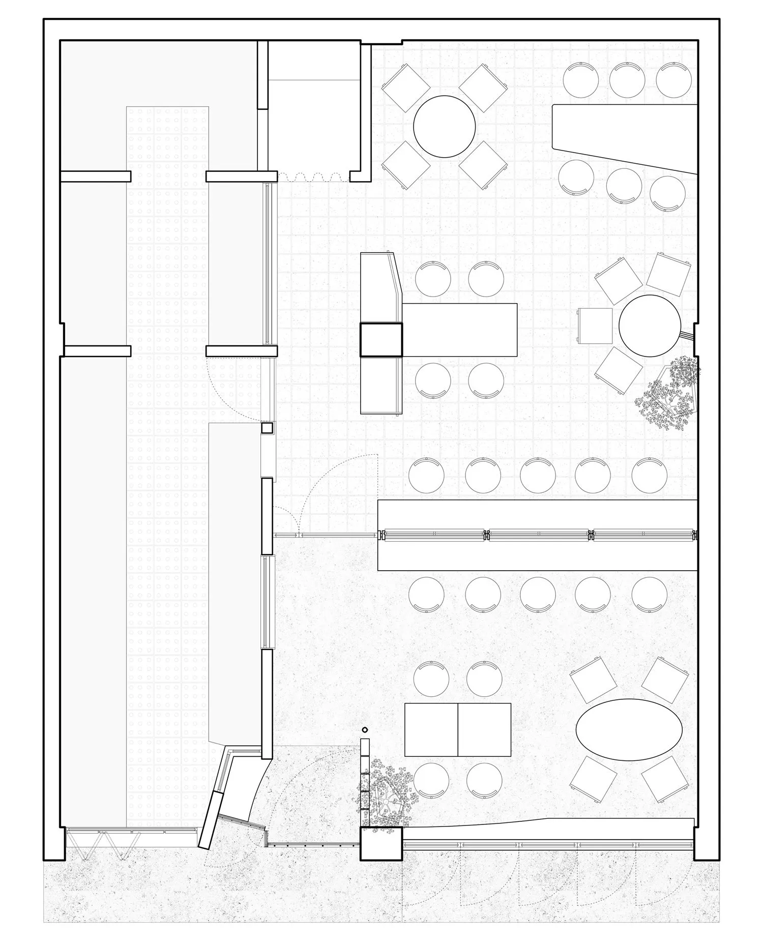Black and white architectural floor plan of a multi-zone restaurant featuring dining areas, circular and square tables, banquette seating, and landscaped outdoor terraces.