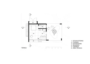 Minimalist residential interior floor plan with white background, featuring a living room, kitchen, bedroom, bathroom, balcon