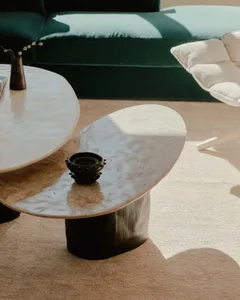A modern, minimalist coffee table setting featuring a unique, organic-shaped concrete table with a black vase on top, surroun