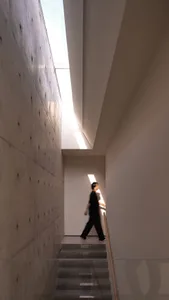A modern, industrial-style staircase with a concrete wall and glass railing.