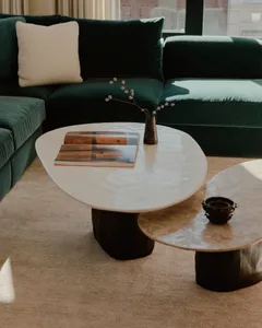 A modern living room featuring a marble coffee table and wooden accents.