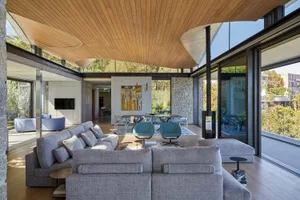 Modern minimalist living room featuring wood, concrete, and glass materials.