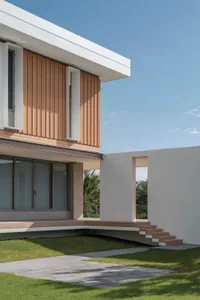 Modern residential exterior featuring wood siding, glass panels, and concrete steps.