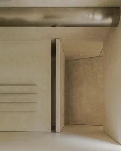 A minimalist concrete space with a smooth, polished floor and walls, featuring a floating wooden shelf.