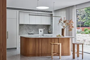 A modern kitchen with wooden cabinets and a marble countertop.