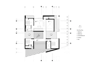 Floor plan of the first floor of a modern house featuring bedrooms, bathrooms, a private bedroom, a terrace, and a bar.