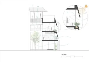 Schematic diagram of a modern building interior showcasing glass panels and windows.