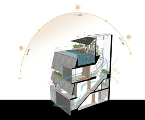 Sectional view of a modern interior design featuring wooden and glass materials.
