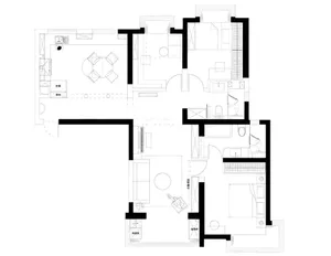 A modern living room floor plan with concrete flooring.