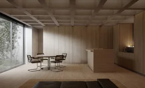 A modern office space featuring a wooden table surrounded by chairs, with a concrete ceiling and floor, and large window with