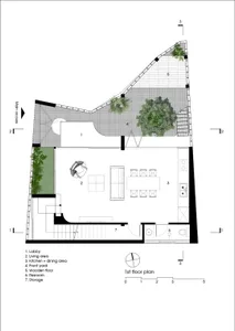 Modern residential floor plan featuring wood and concrete materials.
