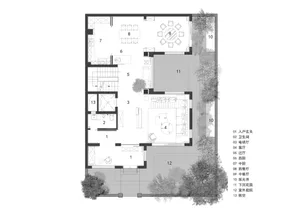 Detailed contemporary residential layout with mixed materials and design features.