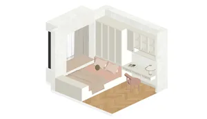 Modern minimalist bedroom with a bed, desk, and built-in storage cabinets.