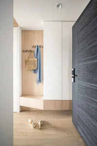 Modern entrance area with a wooden shoe rack, storage compartment for shoes and bags, and a closed door.
