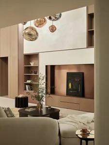 Modern living room featuring sleek wooden furniture and minimalist design elements.