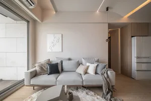 Modern minimalist living room featuring a gray couch with various pillows and a fur rug, set against a neutral backdrop with