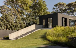 A modern residential mansion with a black exterior and large windows.