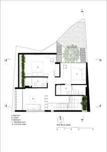 A modern residential floor plan featuring wood and glass materials, with a variety of rooms and spaces.