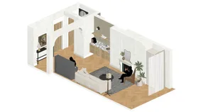 A minimalist living room featuring wood flooring and furniture.