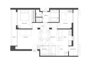 Detailed modern residential floor plan with living room, dining room, kitchen, bedrooms, and bathrooms.