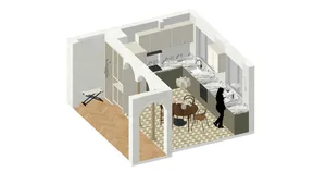 A detailed floor plan of a modern kitchen featuring marble countertops and archways.